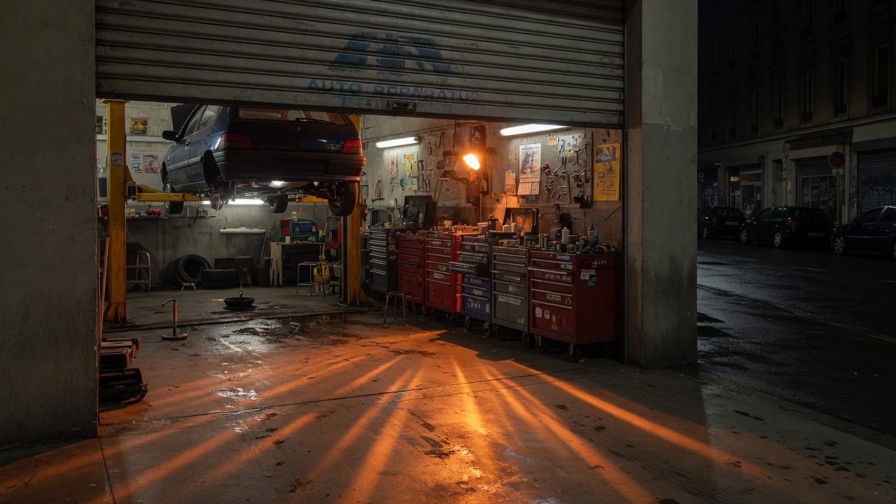 Vrata garaže otvorena u noć