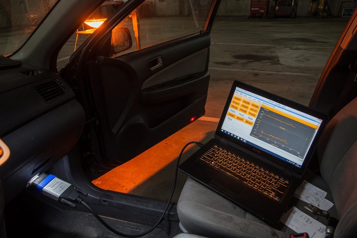 Dijagnostički laptop spojen na auto